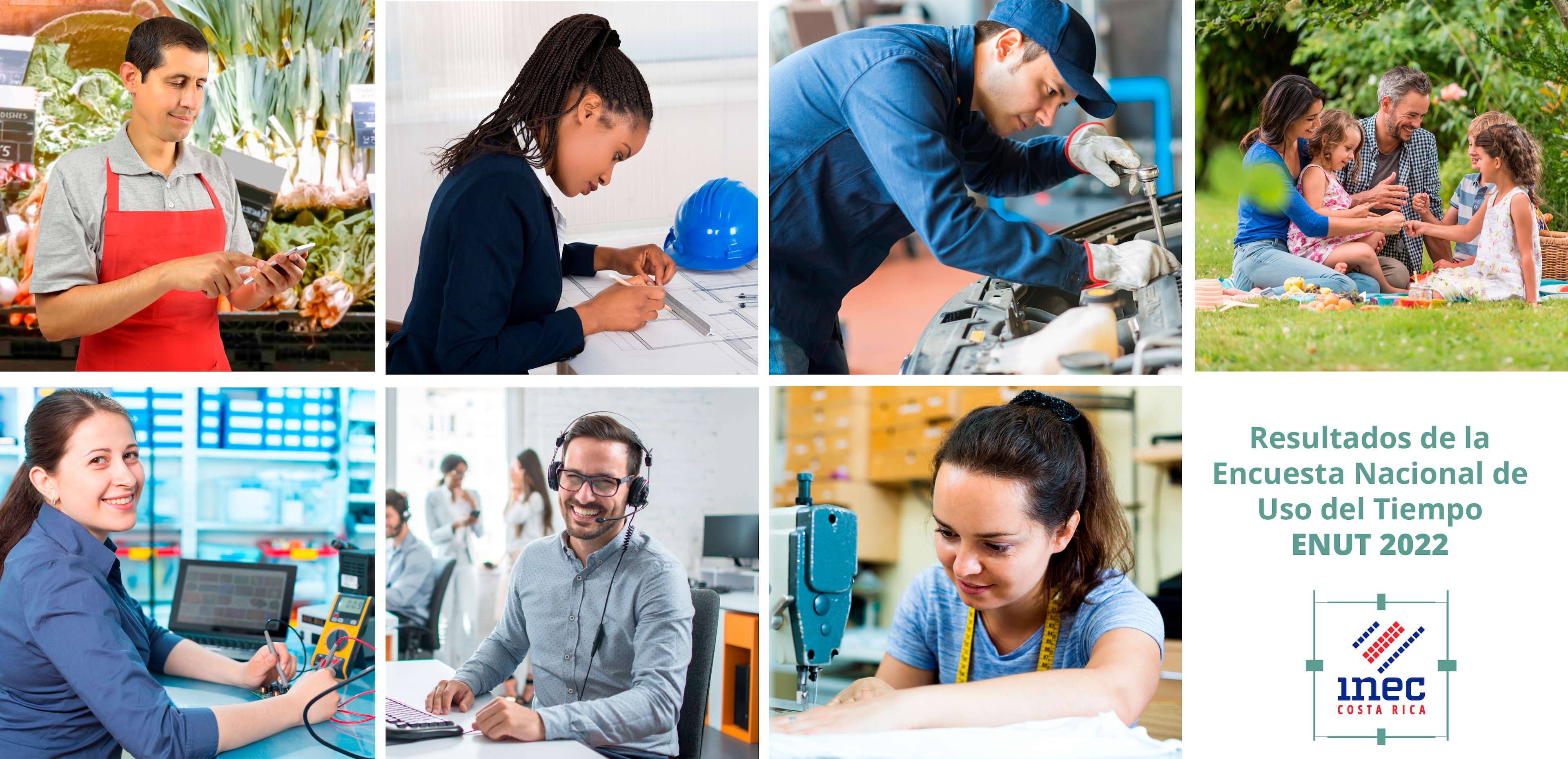 Mosaico de imágenes de hombre y mujeres trabajando en diferentes actividades laborales. ENUT 2022. Resultados.