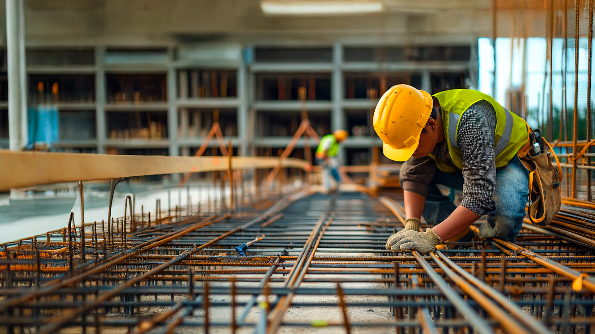 Trabajador de la construcción ajusta varilla de acero en construcción de edificio. IPConstrucción. NOV 2024.