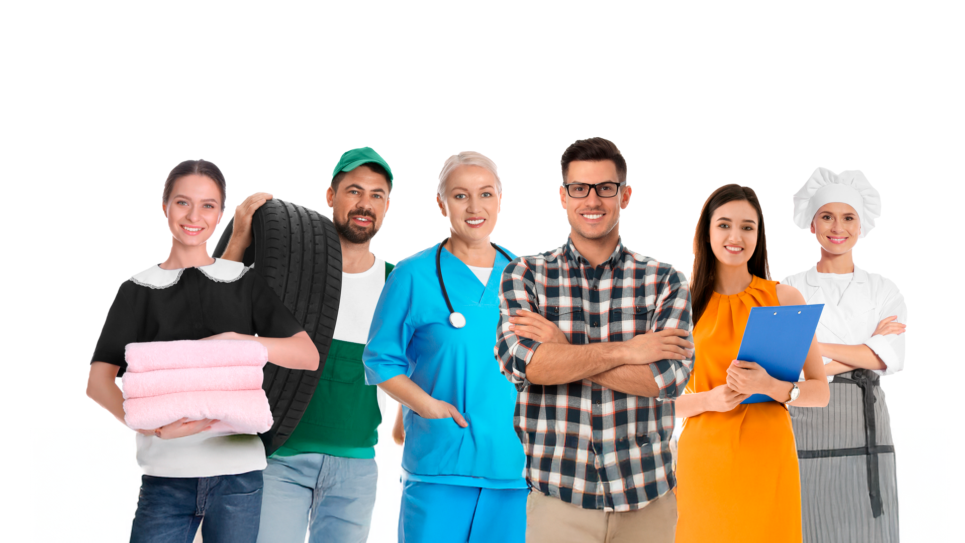 Personas trabajadoras de diferentes edades y ocupaciones posan viendo al frente. Día de las personas trabajadoras 2025.