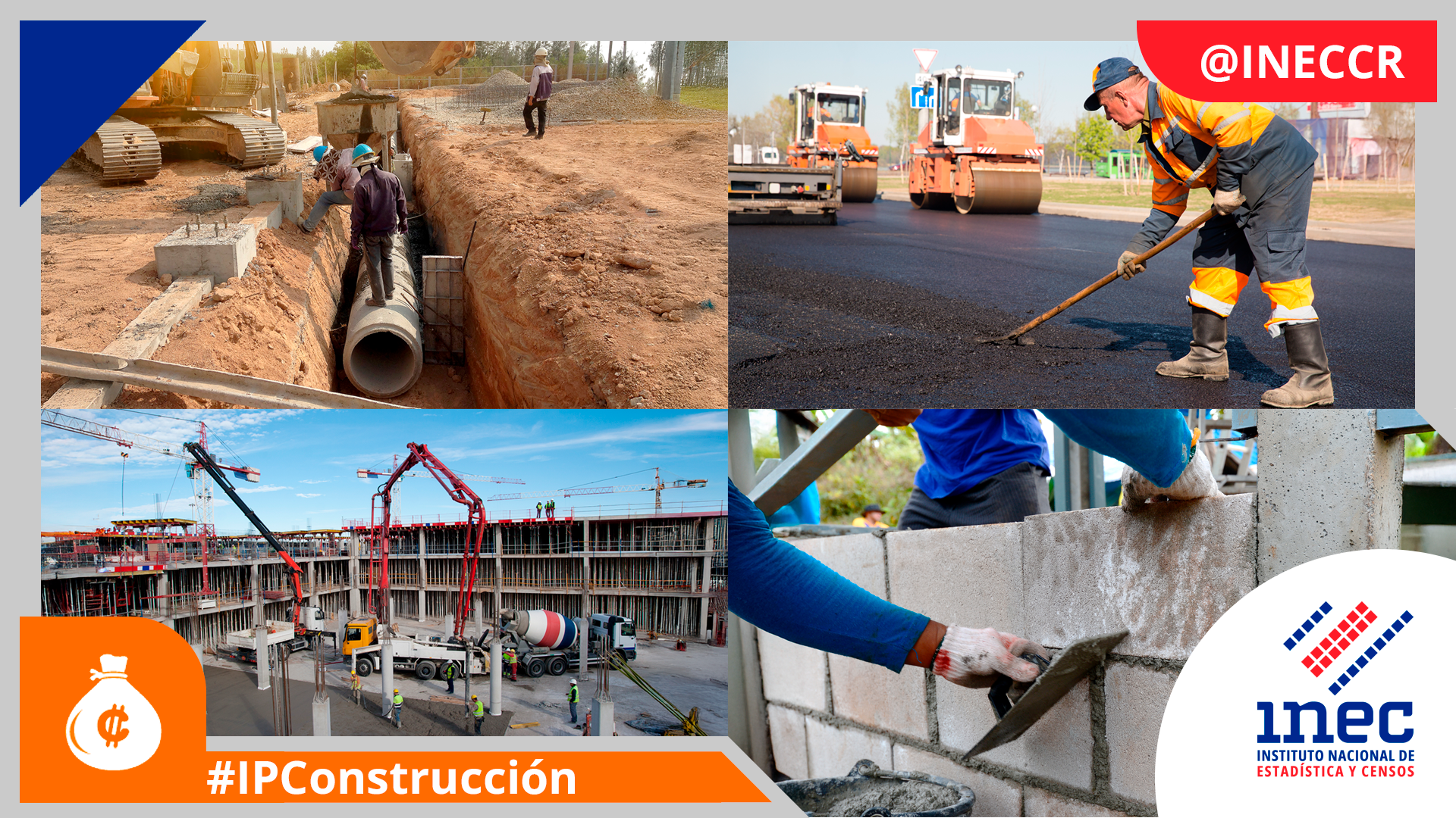 Collage de fotografías de construcción de obras civiles. IPCONS. Actualización 2025.