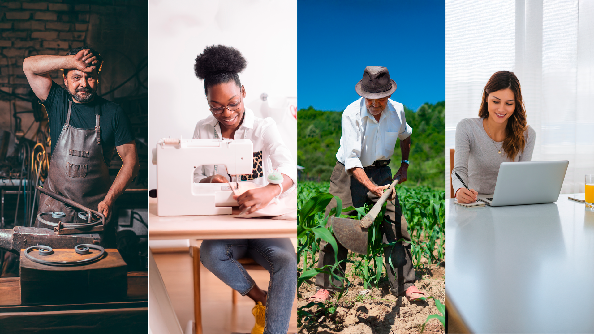 Imagen ilustrativa. Cuatro personas trabajando en diferentes contextos: taller de soldadura, costura, agricultura, frente a computadora. Inicio ENAMEH 2025.