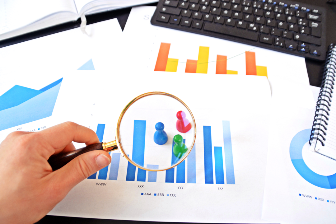 Persona revisando un gráfico estadístico con una lupa