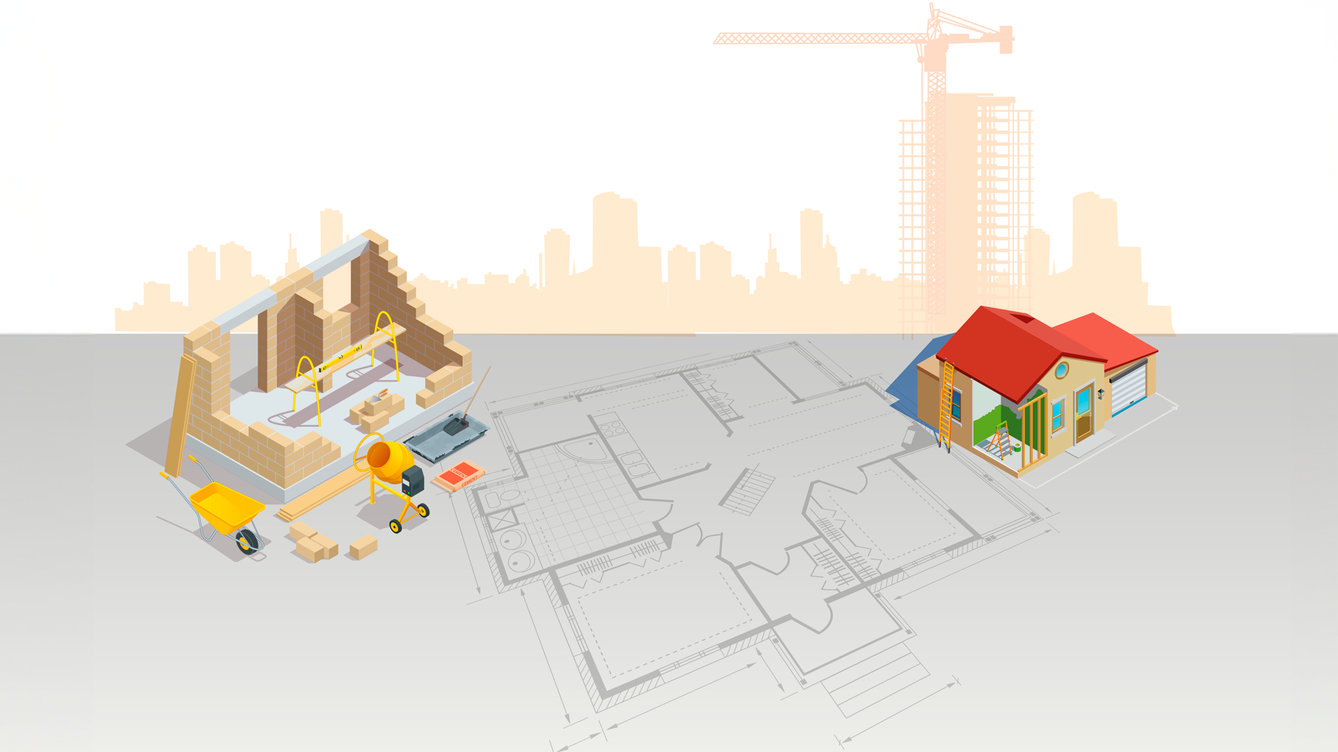 Ilustración. Plano constructivo rodeado de construcciones de casa, edificios y ciudad. Estadísticas de la Construcción 2022. Resultados definitivos.
