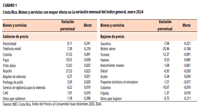 CUADRO 1. Costa Rica. Bienes y servicios con mayor efecto en la variación mensual del índice general, enero 2024.